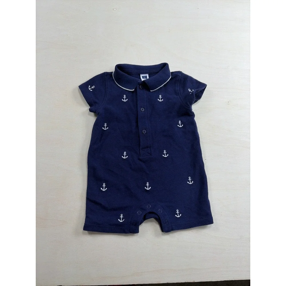 J Crew Baby Navy Blue Anchor Embroidered Polo Romper Short Sleeve One Piece